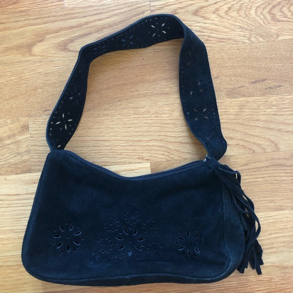 NWOT Black Small Faded Suede Floral Cutout Hobo Tassel Handbag Purse - Picture 2 of 3